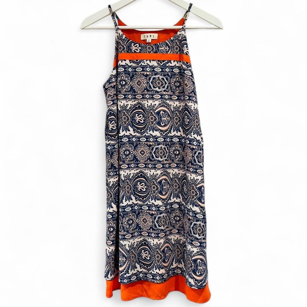 🧡THML Anthropologie Blue & Orange Paisley Summer Sleeveless Strappy Dress